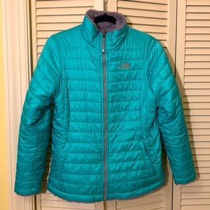 Girls North Face reversible winter coat, size XL(18), turquoise with gray fur